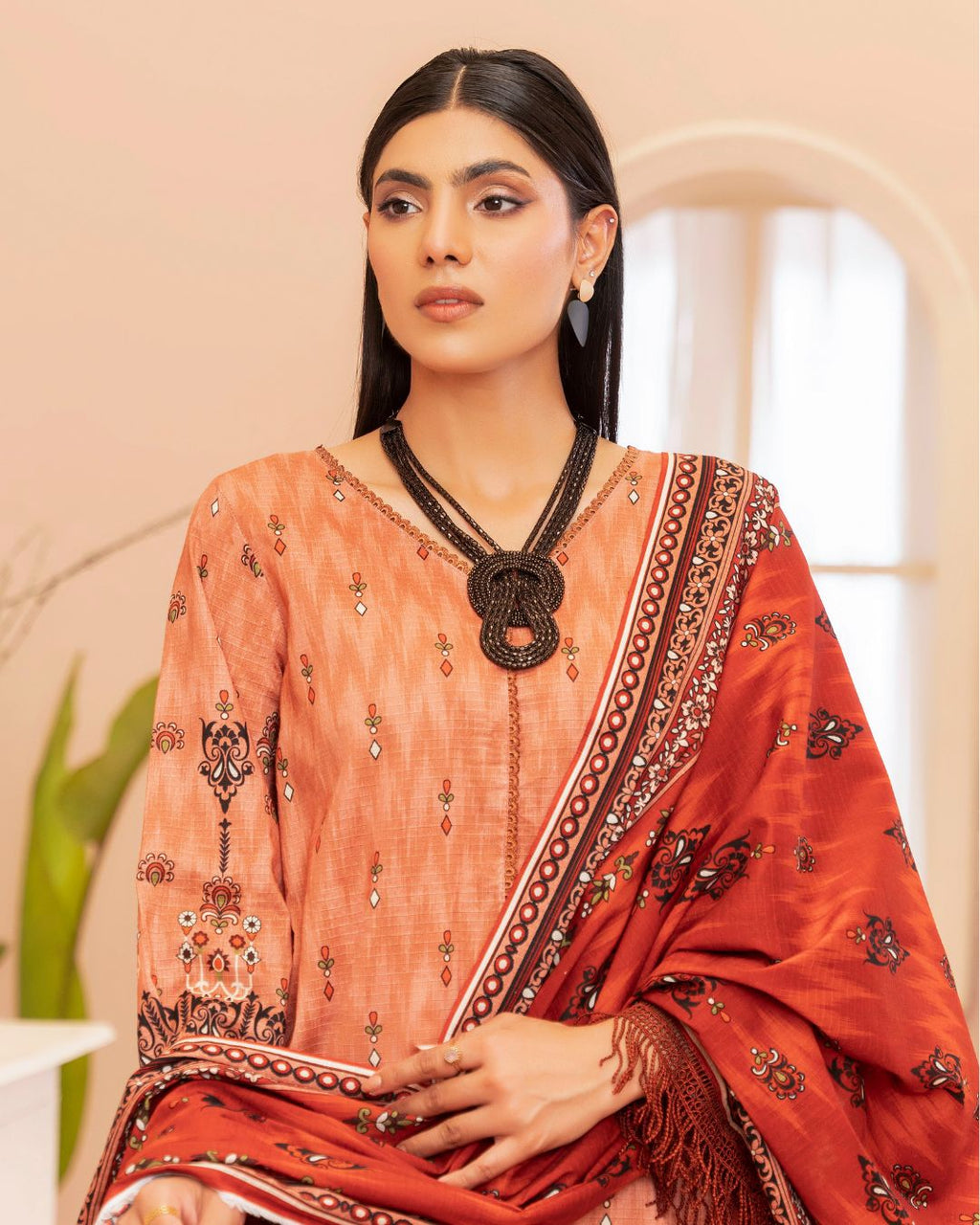 3 Piece - Junoon Unstitched Light Peach Ladies Print Lawn Suit