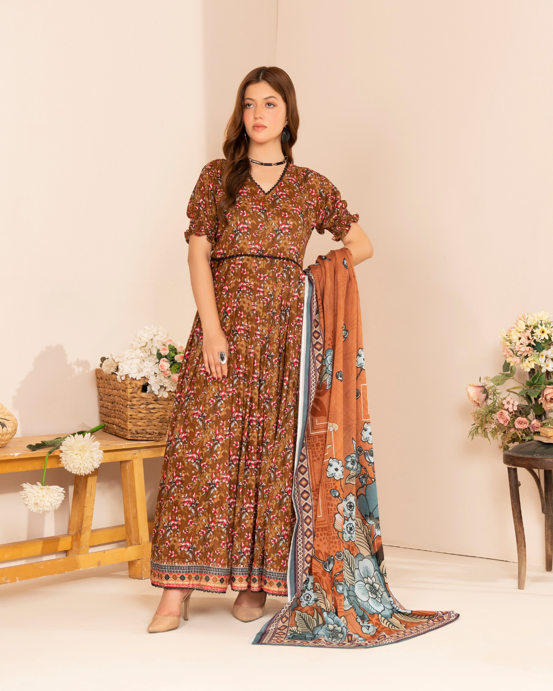 3 Piece - Mahi Unstitched Brown Ladies Print Lawn Suit