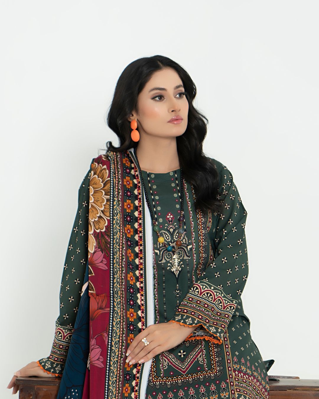 3 Piece - Junoon Unstitched Olive Ladies Transliminor Magic Print Lawn Suit