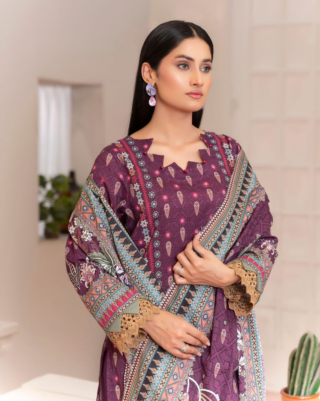 3 Piece - Junoon Unstitched Purple Ladies Banadora Print Lawn Suit