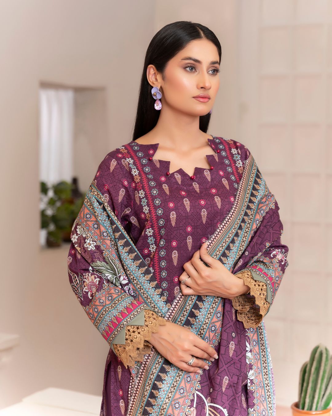 3 Piece - Junoon Unstitched Purple Ladies Banadora Print Lawn Suit
