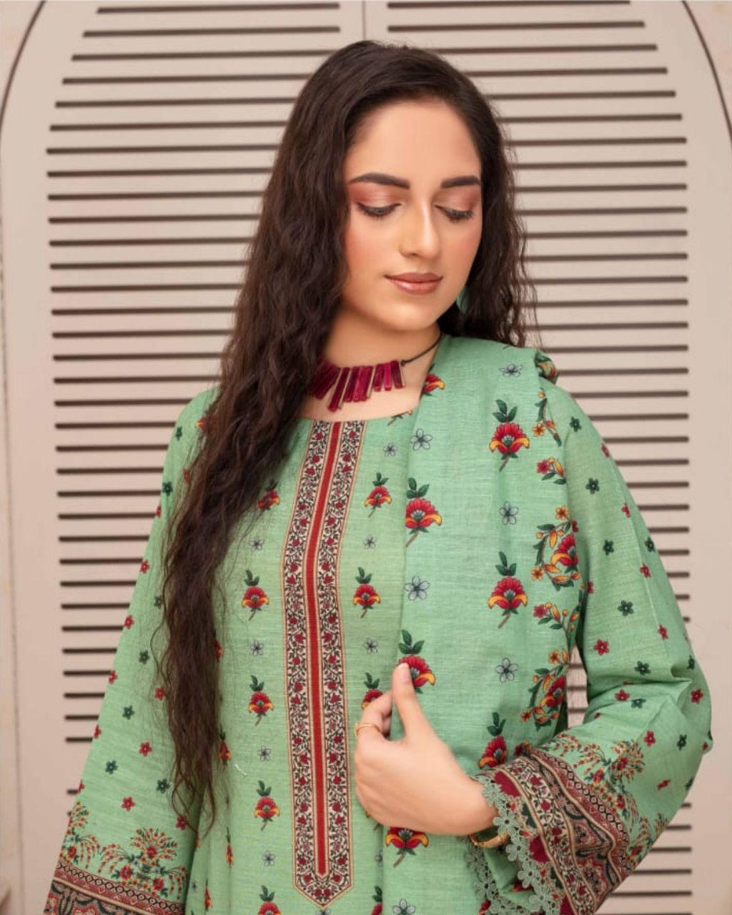 3 Pieces - Arzu Unstitched Pista Print Khaddar Suit