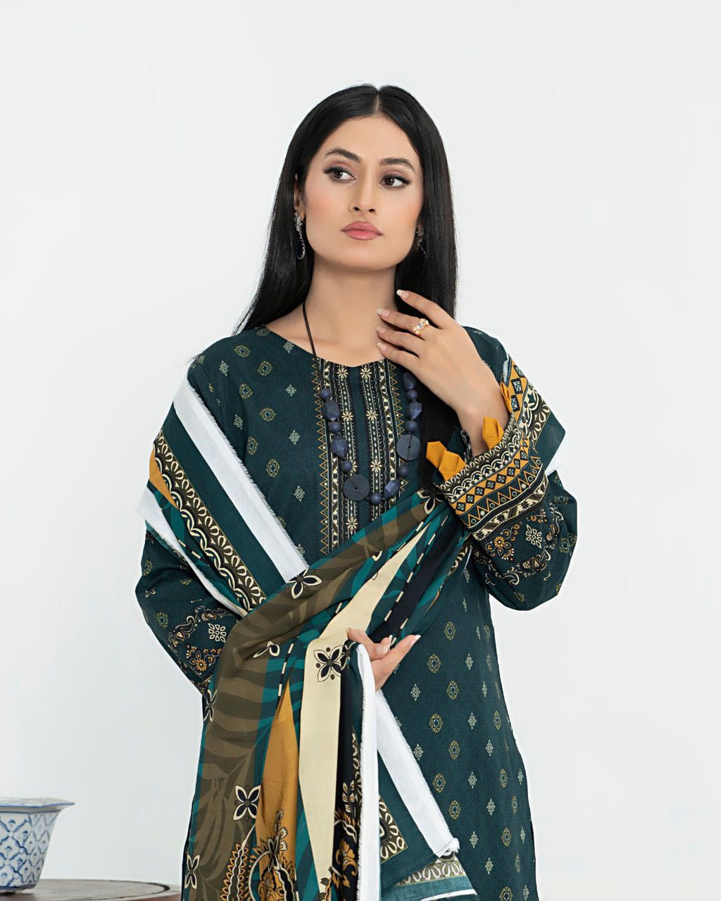 3 Piece - Junoon Unstitched Olive Ladies Transliminor Magic Print Lawn Suit