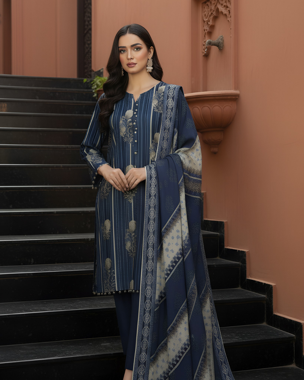 3 Pieces - Marooj Unstitched Dark Blue Printed Khaddar Suit