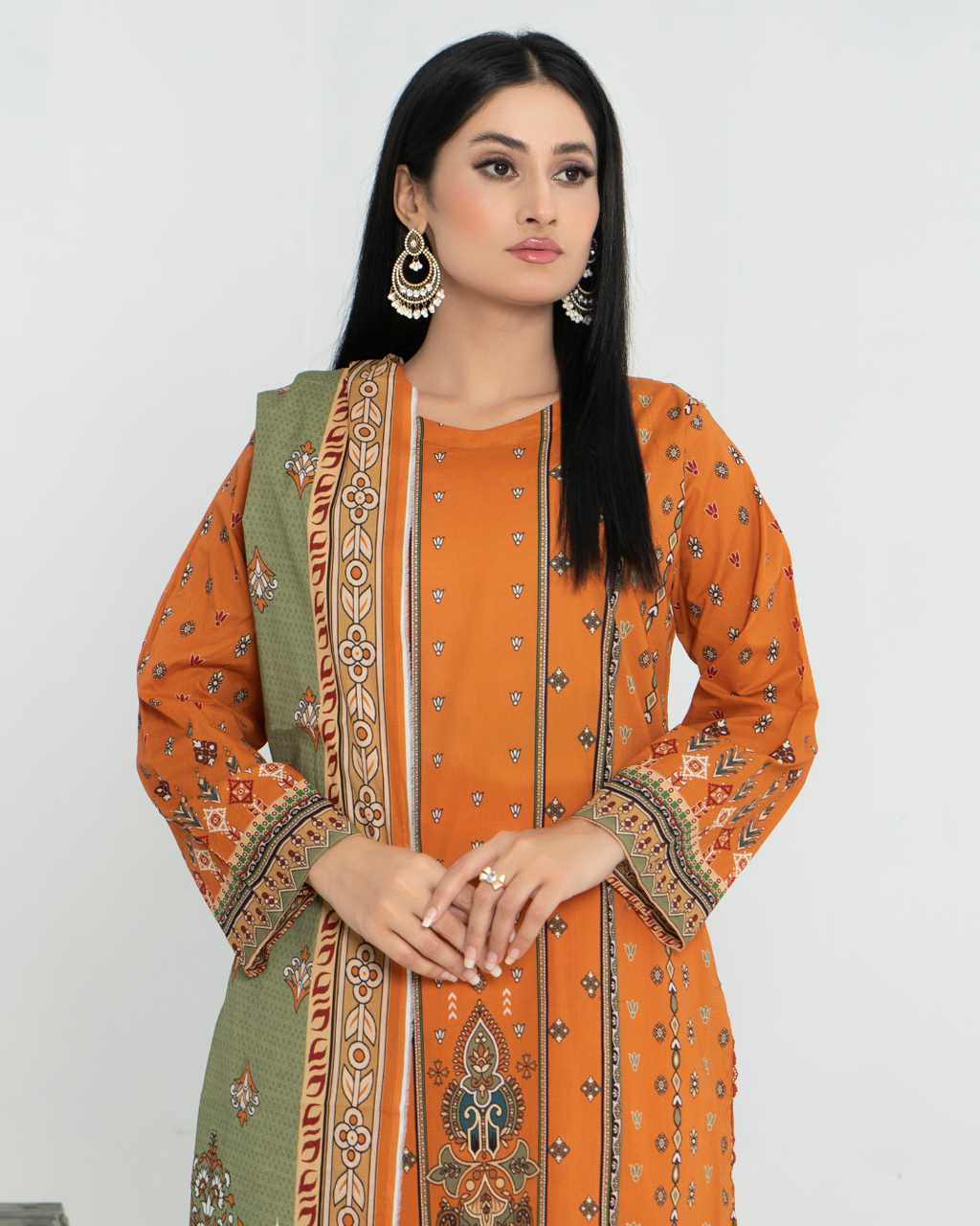 3 Piece - Junoon Unstitched Orange Ladies Transliminor Magic Print Lawn Suit