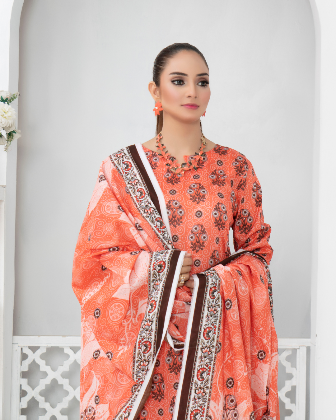 3 Piece - Mahi Unstitched Orange Ladies Print Lawn Suit