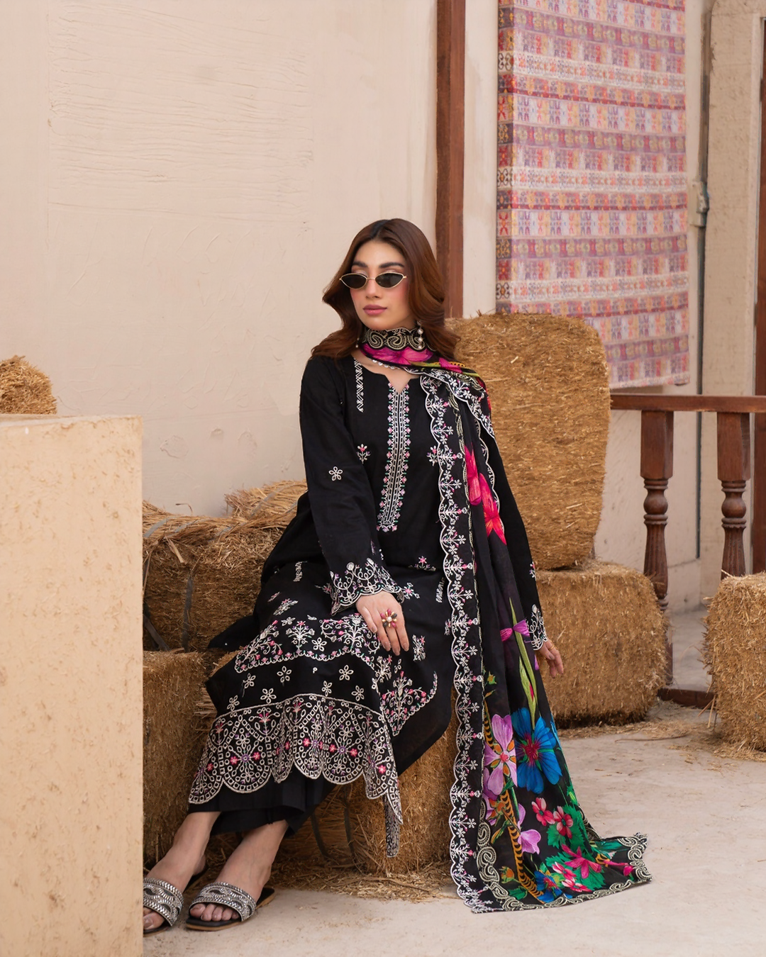 3 Piece - Gold Unstitched Black Embroidered Lawn Suit
