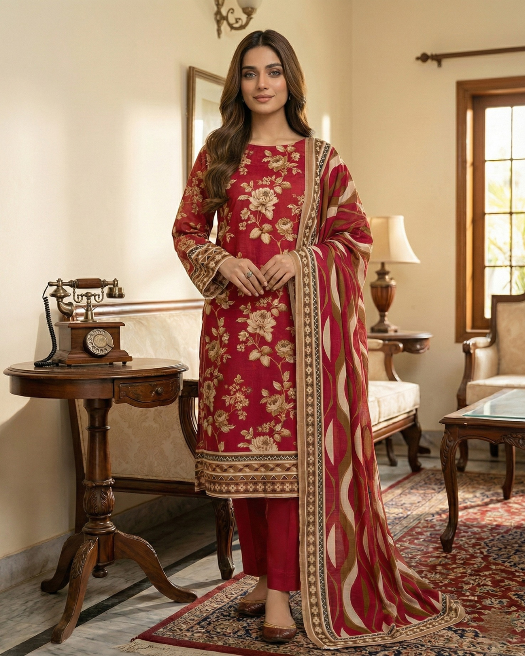 3 Pieces - Arfa Unstitched Red Chamki Print Lawn Suit