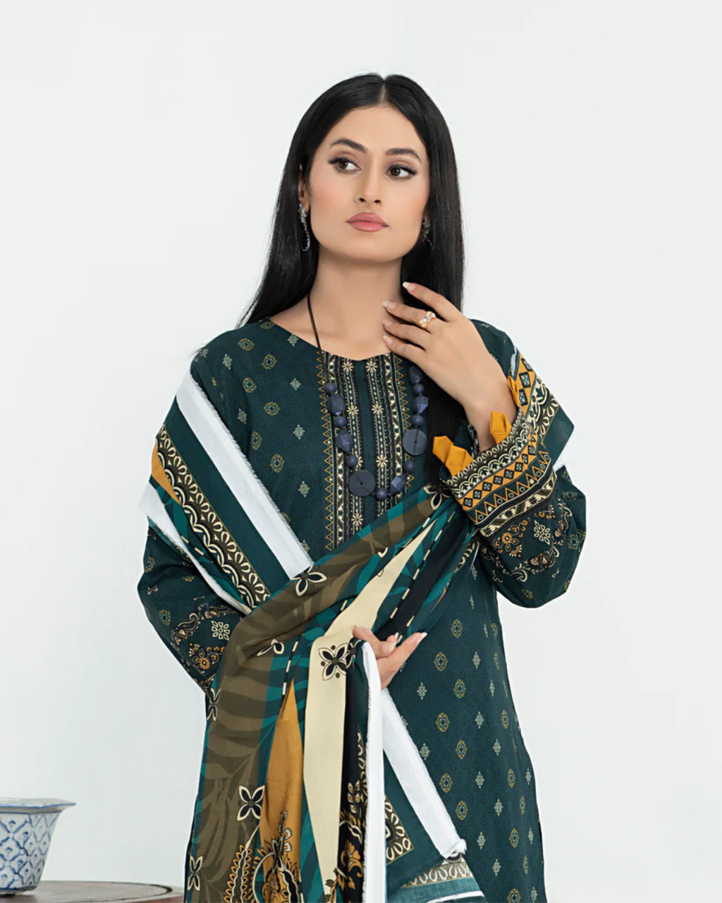 3 Piece - Junoon Unstitched Olive Ladies Transliminor Magic Print Lawn Suit