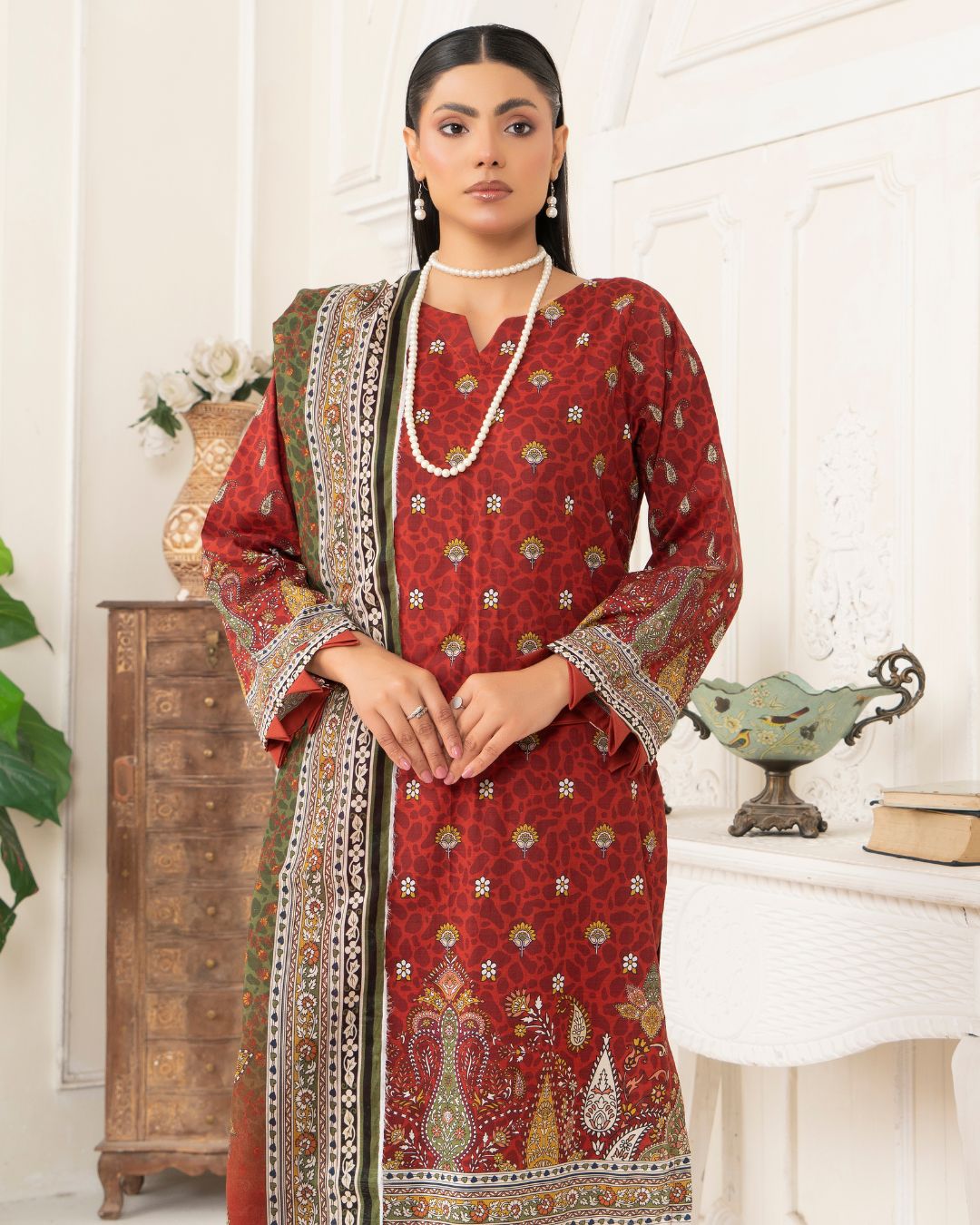 3 Piece - Junoon Unstitched Maroon Ladies Print Lawn Suit