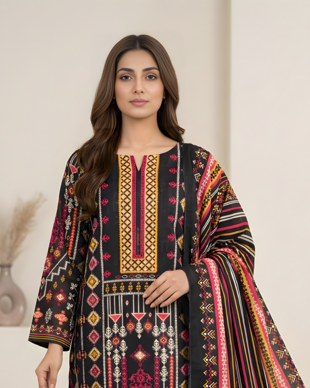 3 Pieces - Marooj Unstitched Jet Black Transliminor Magic Print Lawn Suit