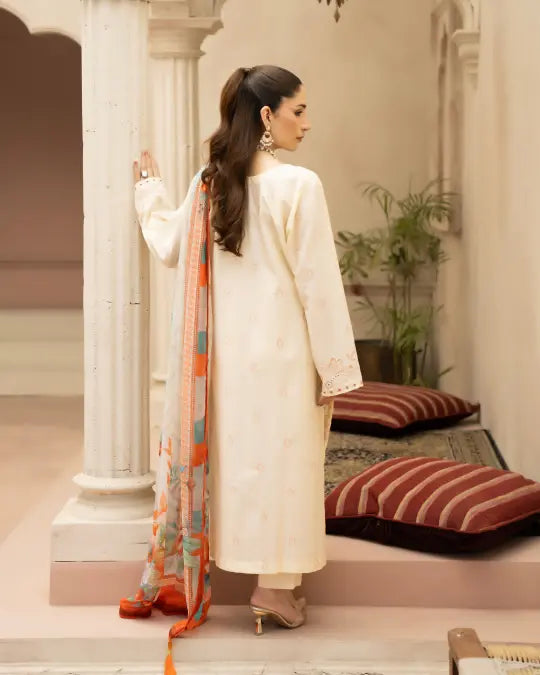 3 Piece - Gold Unstitched Off-white Embroidered Lawn Suit