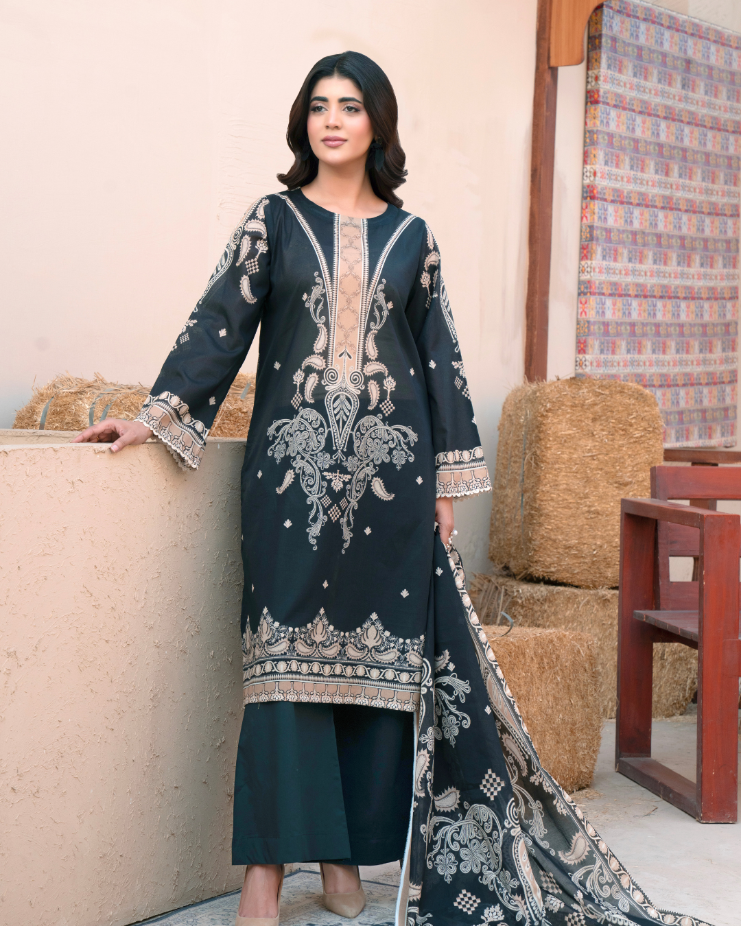 3 Piece - Gold Unstitched Black Printed Lawn Suit