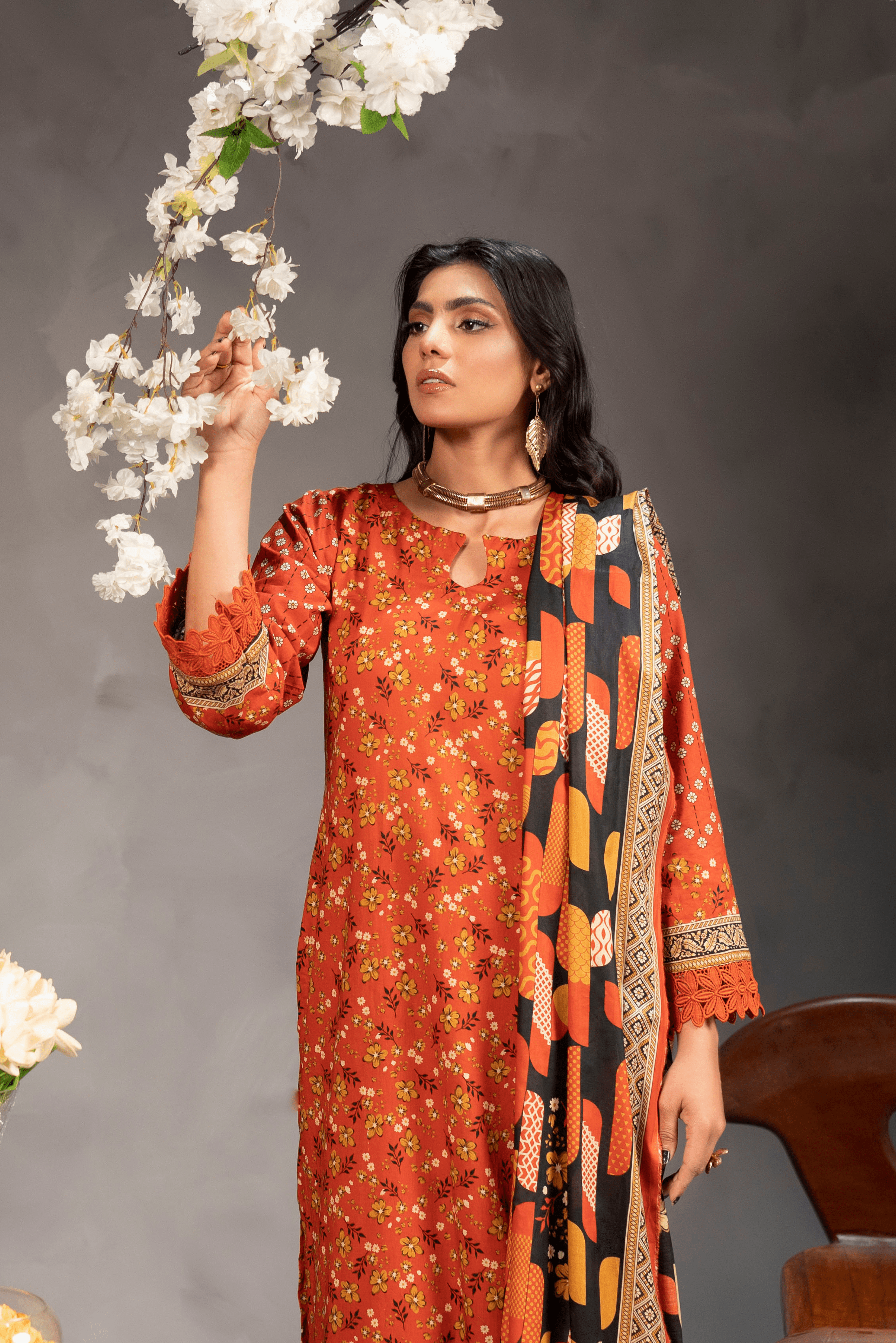 3 Piece - Mahi Unstitched Orange Ladies Transliminor Magic Print Lawn Suit