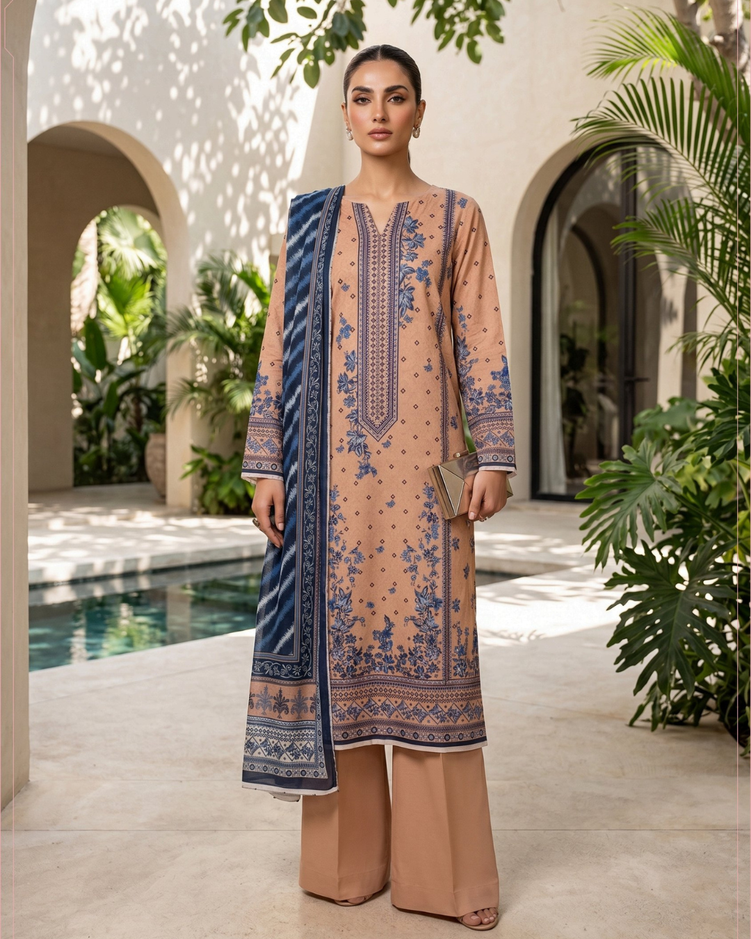 3 Pieces - Sohni Dharti Unstitched Peach Premium Print Lawn Suit