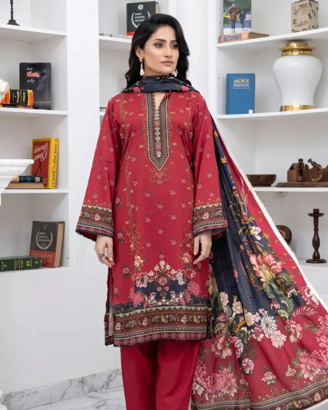 3 Piece - Marooj Unstitched Maroon Ethnic Doria Linen Suit
