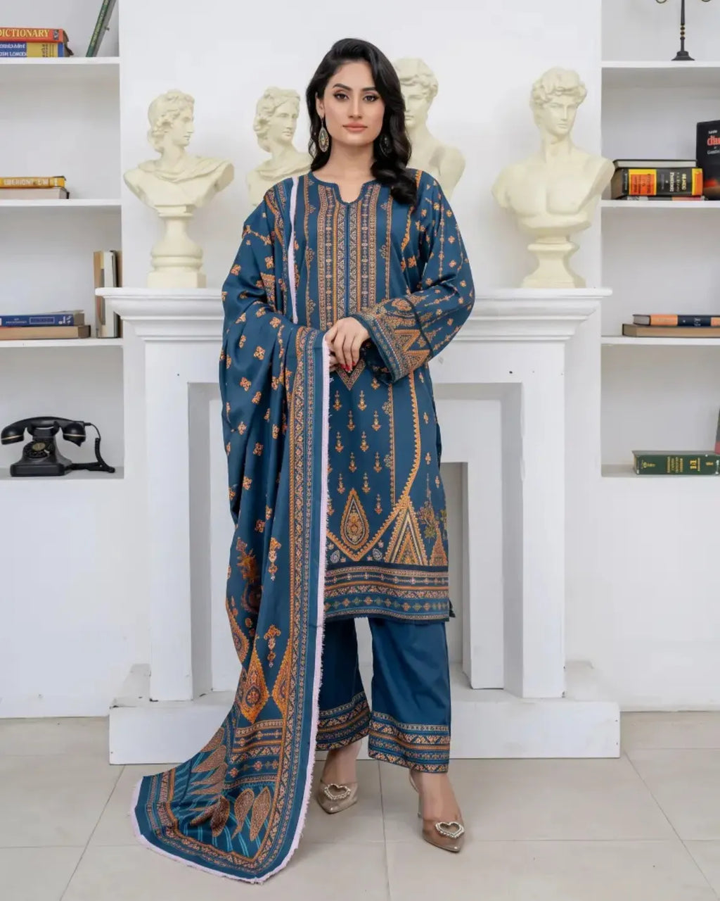 3 Piece - Marooj Unstitched Blue Ethnic Doria Linen Suit