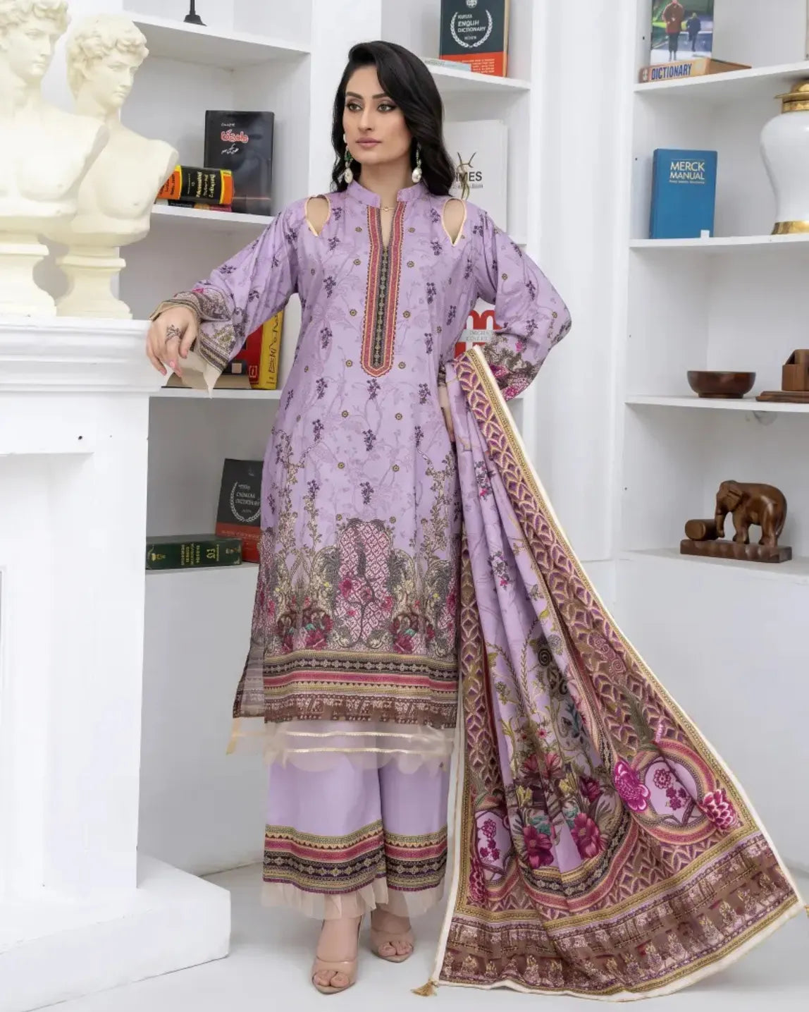 3 Piece - Marooj Unstitched Light Purple Ethnic Doria Linen Suit