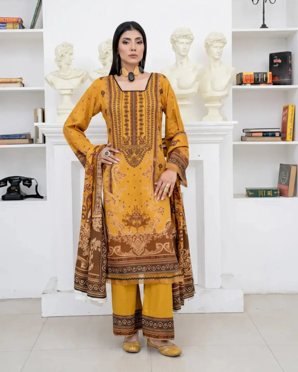 3 Piece - Marooj Unstitched Mustard Ethnic Doria Linen Suit