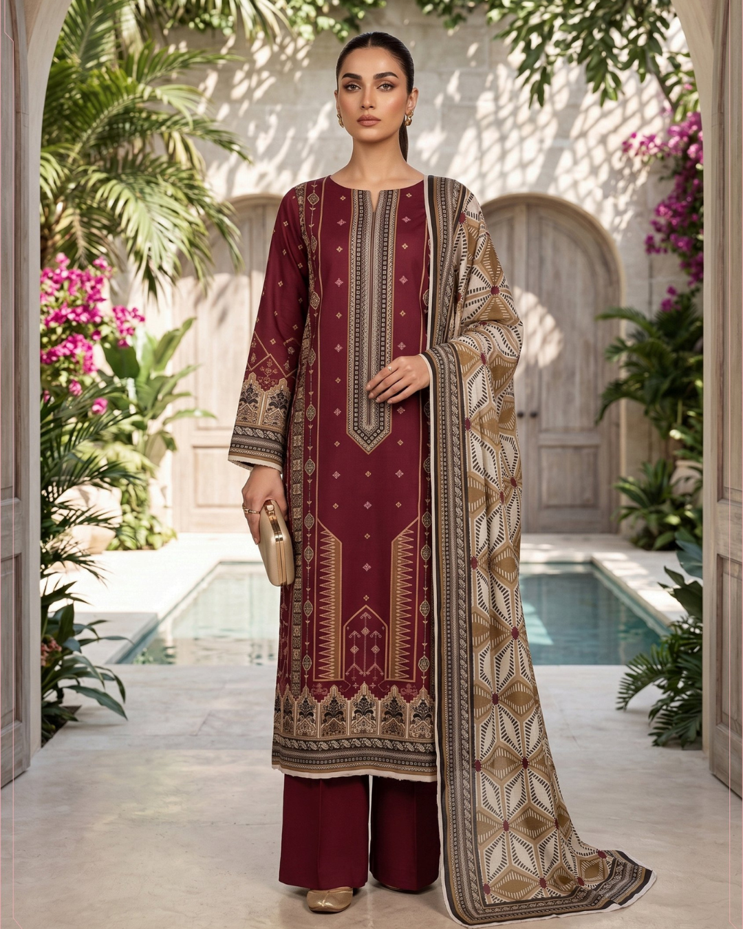 3 Pieces - Sohni Dharti Unstitched Maroon Premium Print Lawn Suit