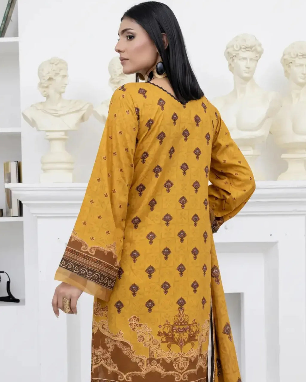 3 Piece - Marooj Unstitched Mustard Ethnic Doria Linen Suit