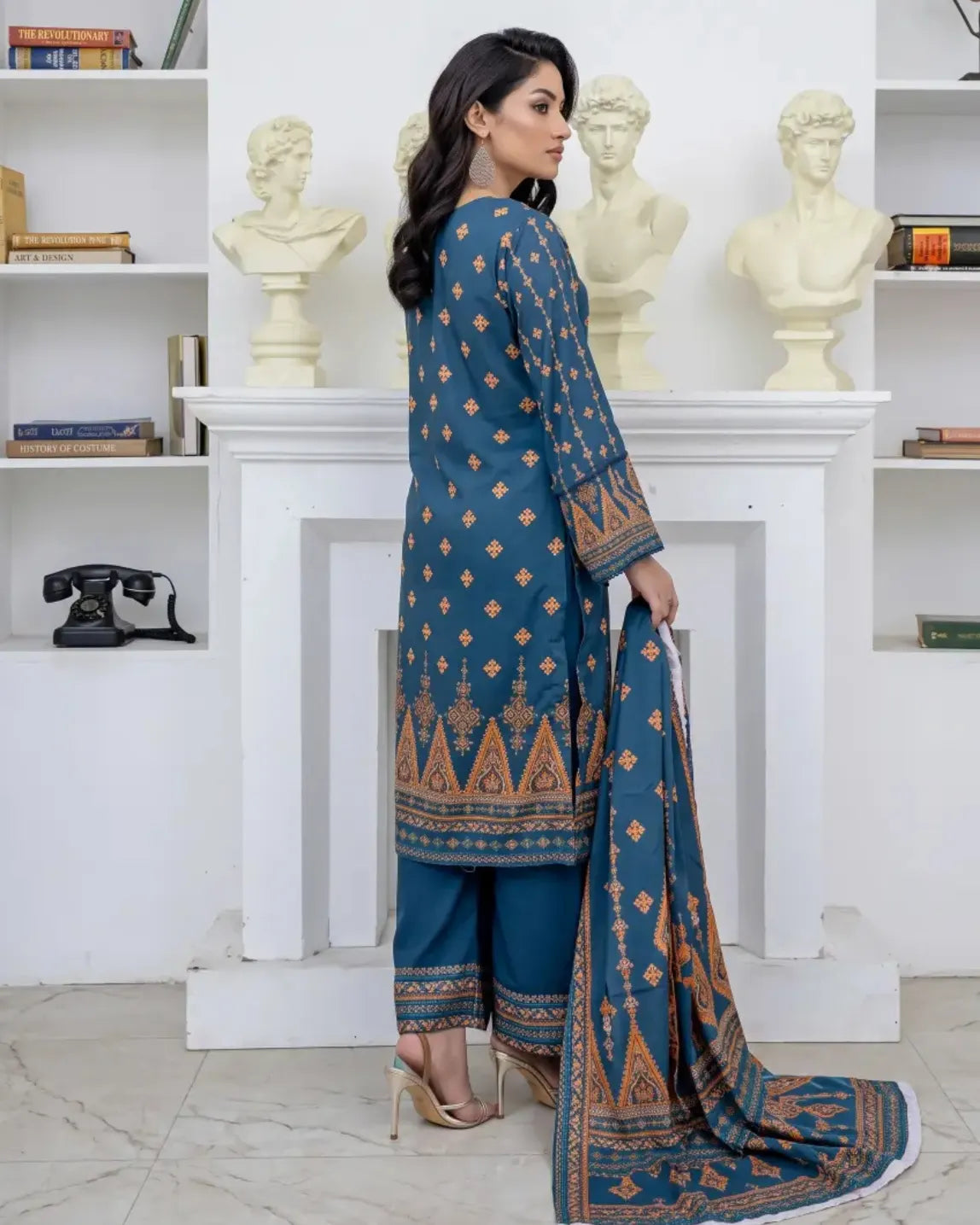 3 Piece - Marooj Unstitched Blue Ethnic Doria Linen Suit