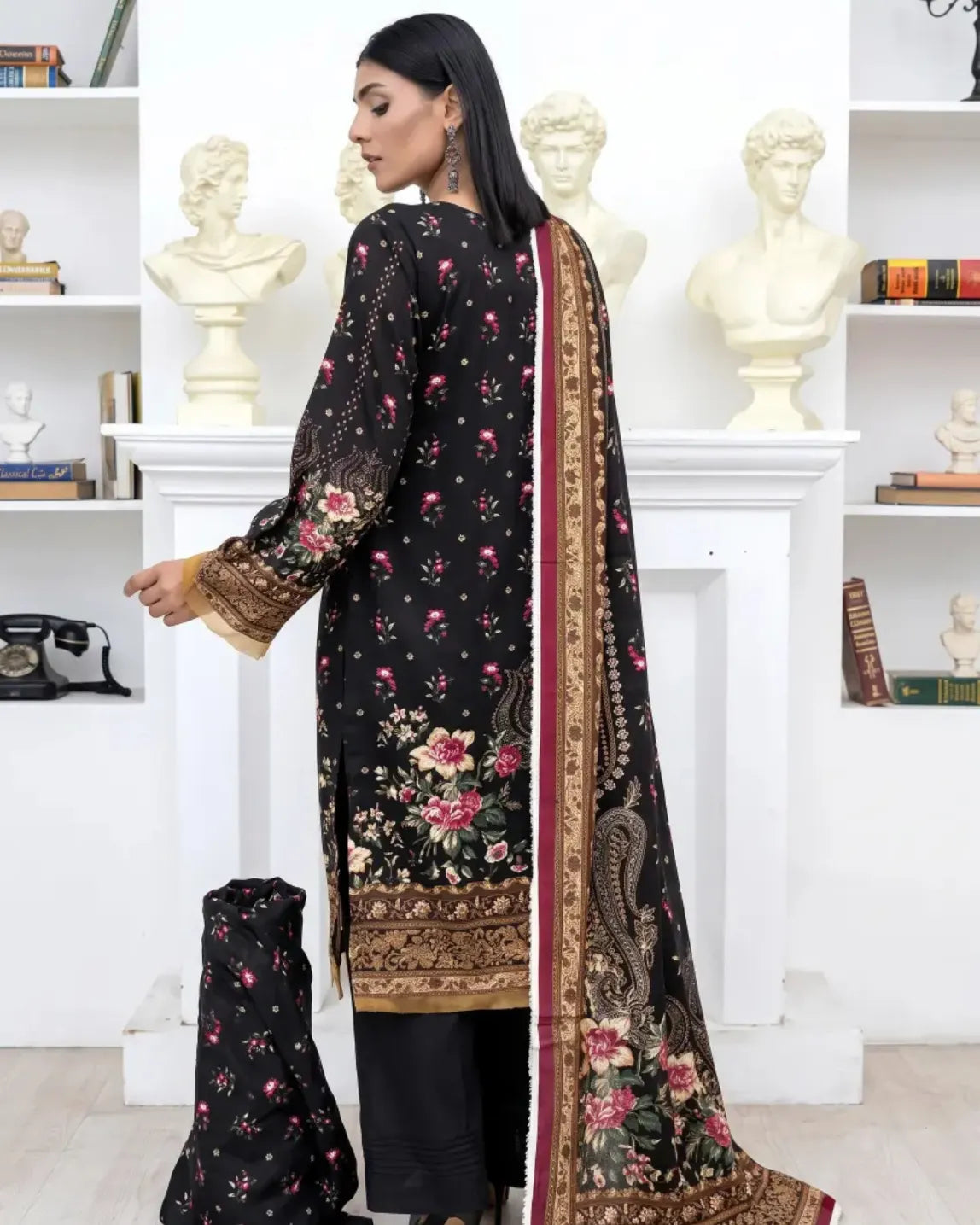 3 Piece - Marooj Unstitched Black Ethnic Doria Linen Suit