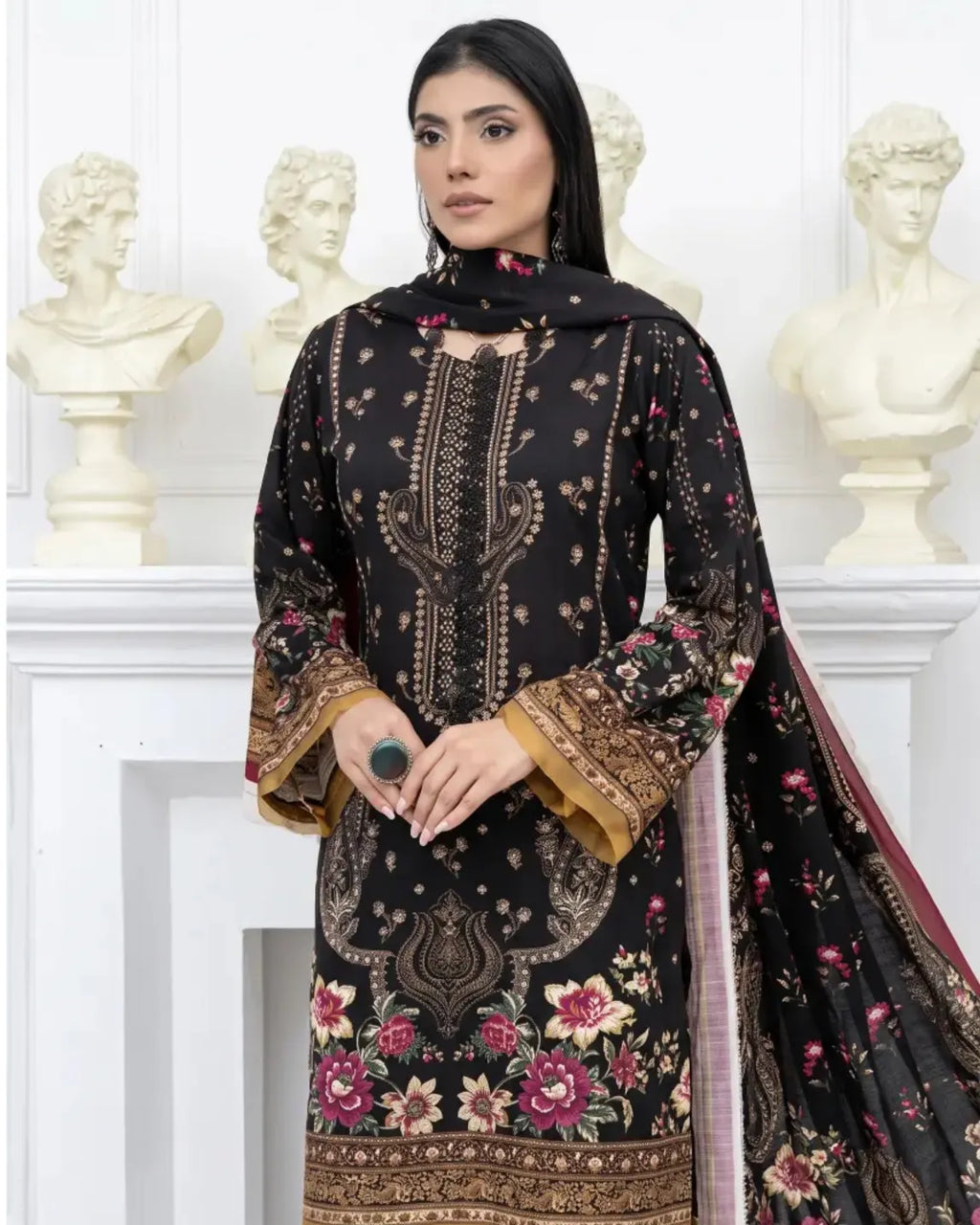 3 Piece - Marooj Unstitched Black Ethnic Doria Linen Suit