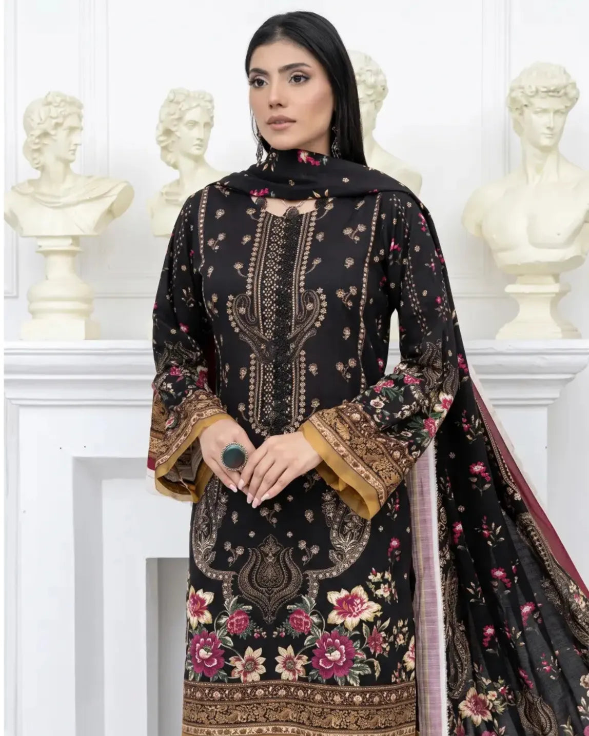 3 Piece - Marooj Unstitched Black Ethnic Doria Linen Suit