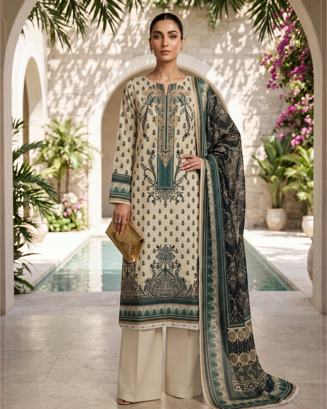 3 Pieces - Sohni Dharti Unstitched Cream Premium Print Lawn Suit