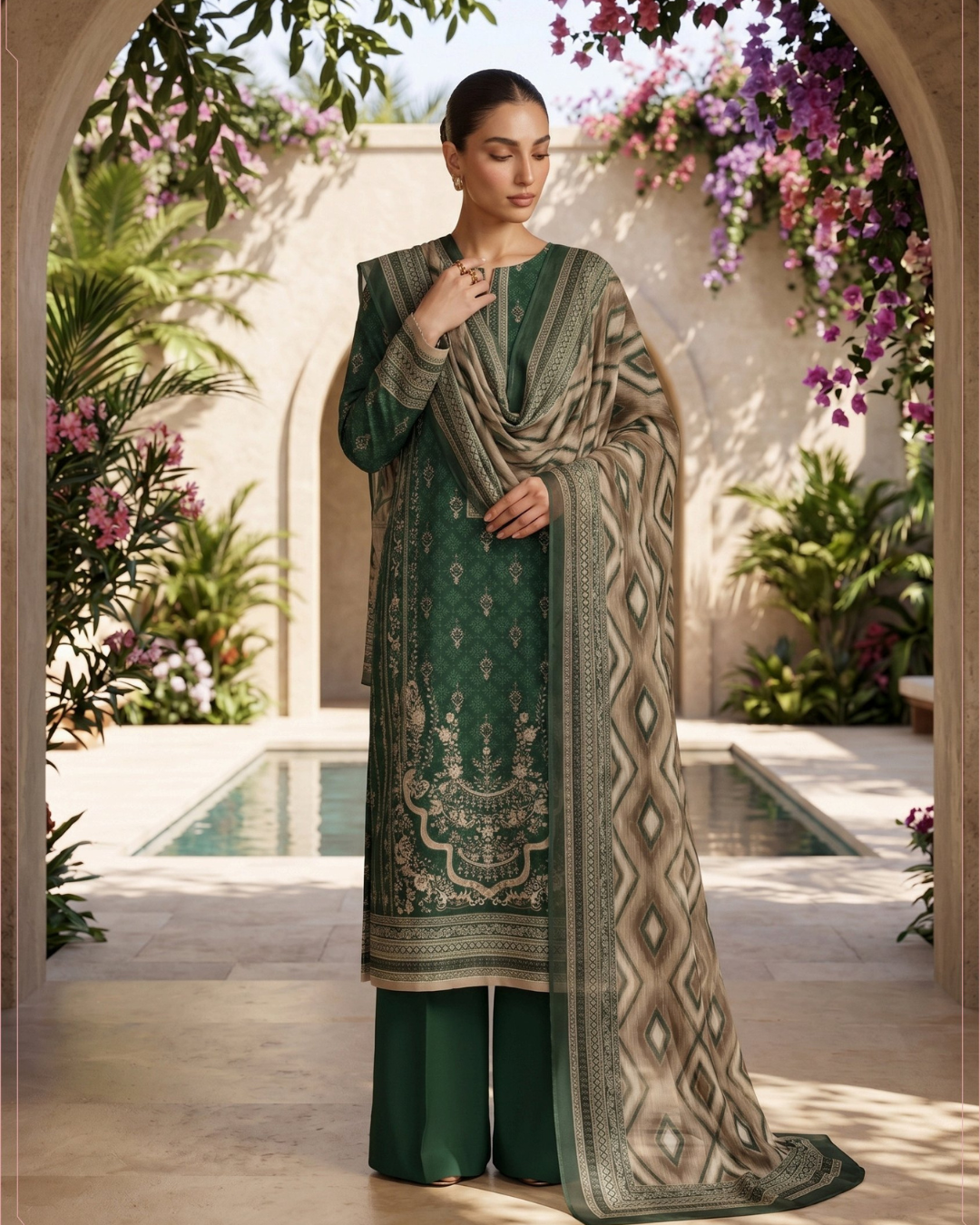 3 Pieces - Sohni Dharti Unstitched Dark Green Premium Print Lawn Suit
