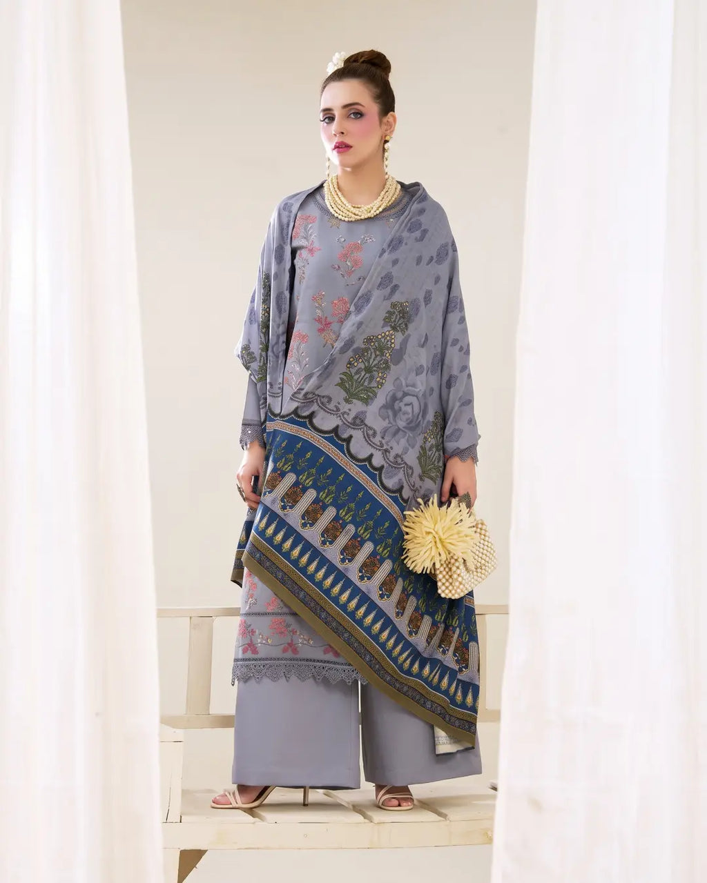 3 Piece - Gold Unstitched Light PurpleEmbroidered Karandi Suit