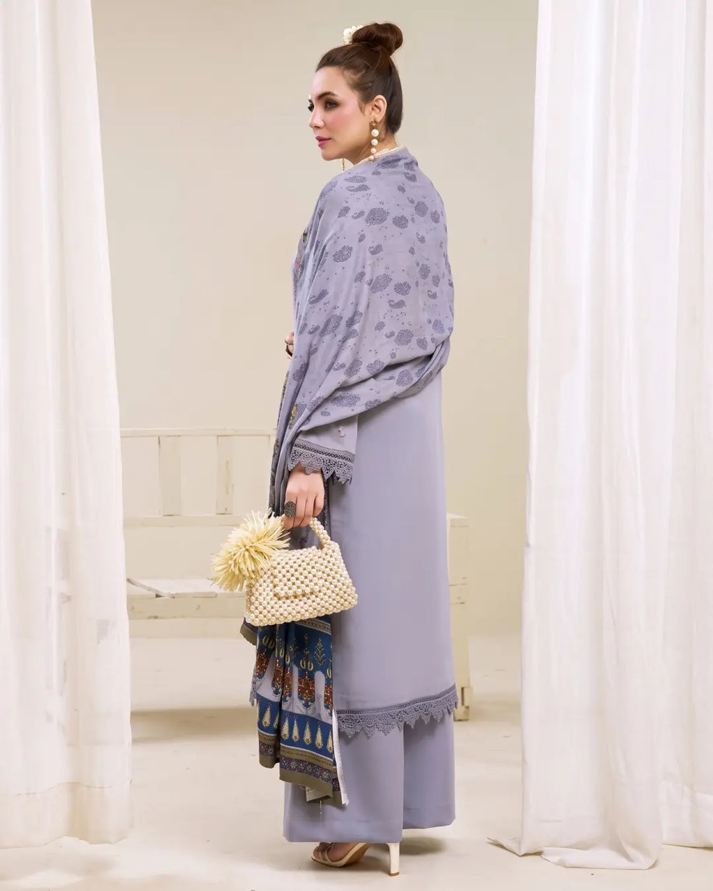 3 Piece - Gold Unstitched Light PurpleEmbroidered Karandi Suit