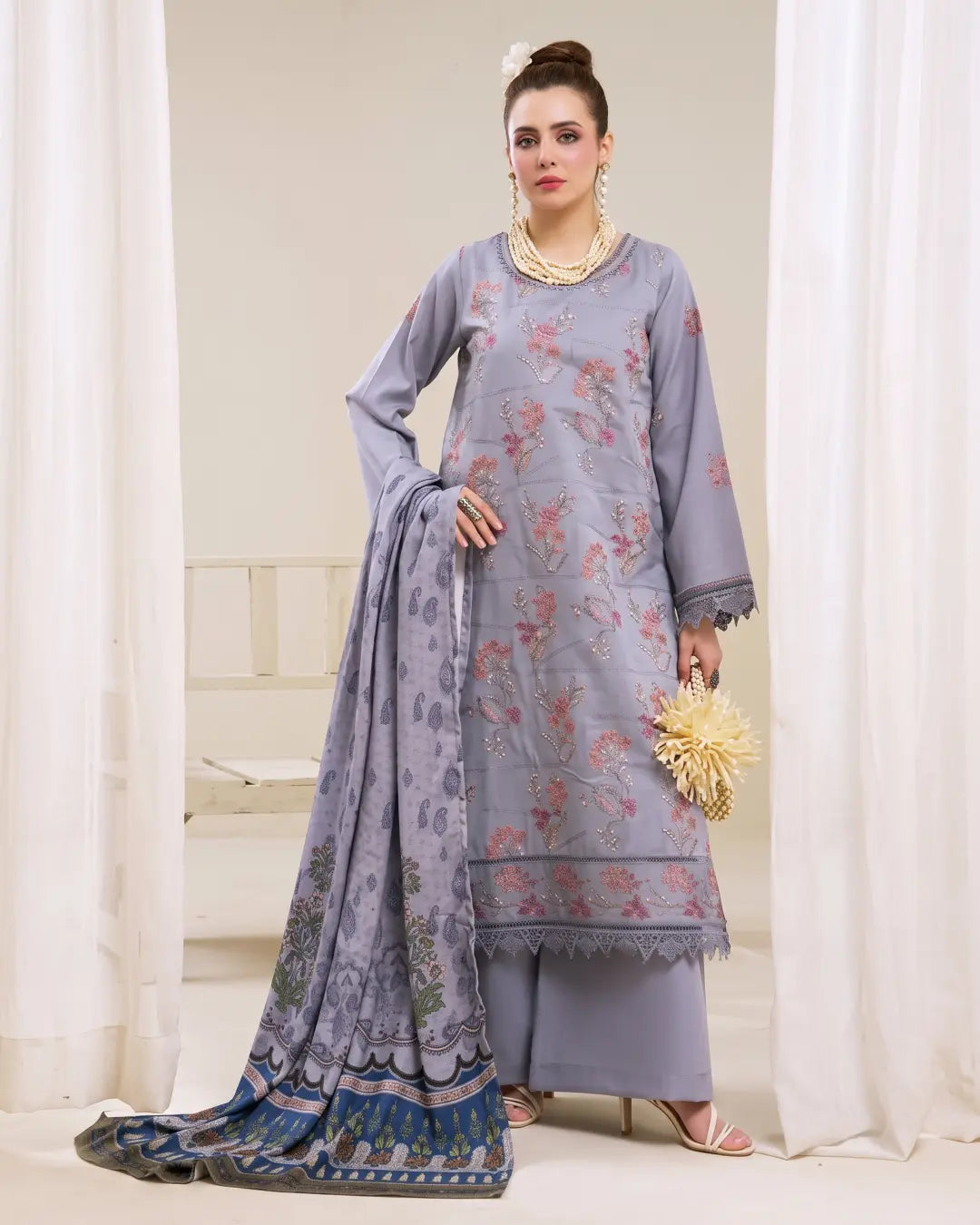 3 Piece - Gold Unstitched Light PurpleEmbroidered Karandi Suit