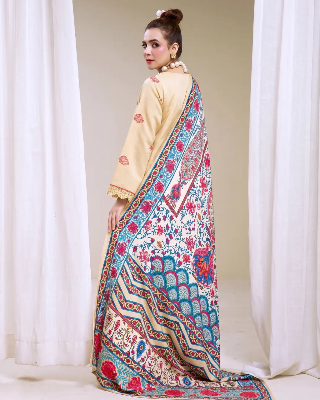 3 Piece - Gold Unstitched Skin Embroidered Karandi Suit