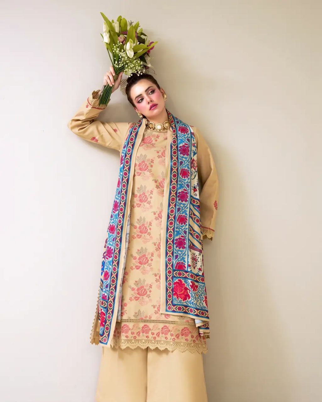 3 Piece - Gold Unstitched Skin Embroidered Karandi Suit