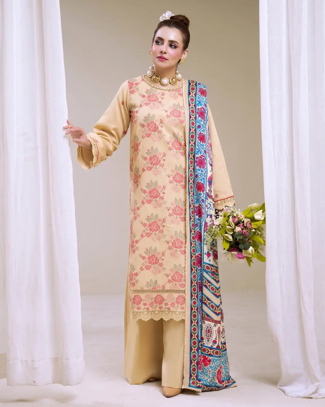 3 Piece - Gold Unstitched Skin Embroidered Karandi Suit