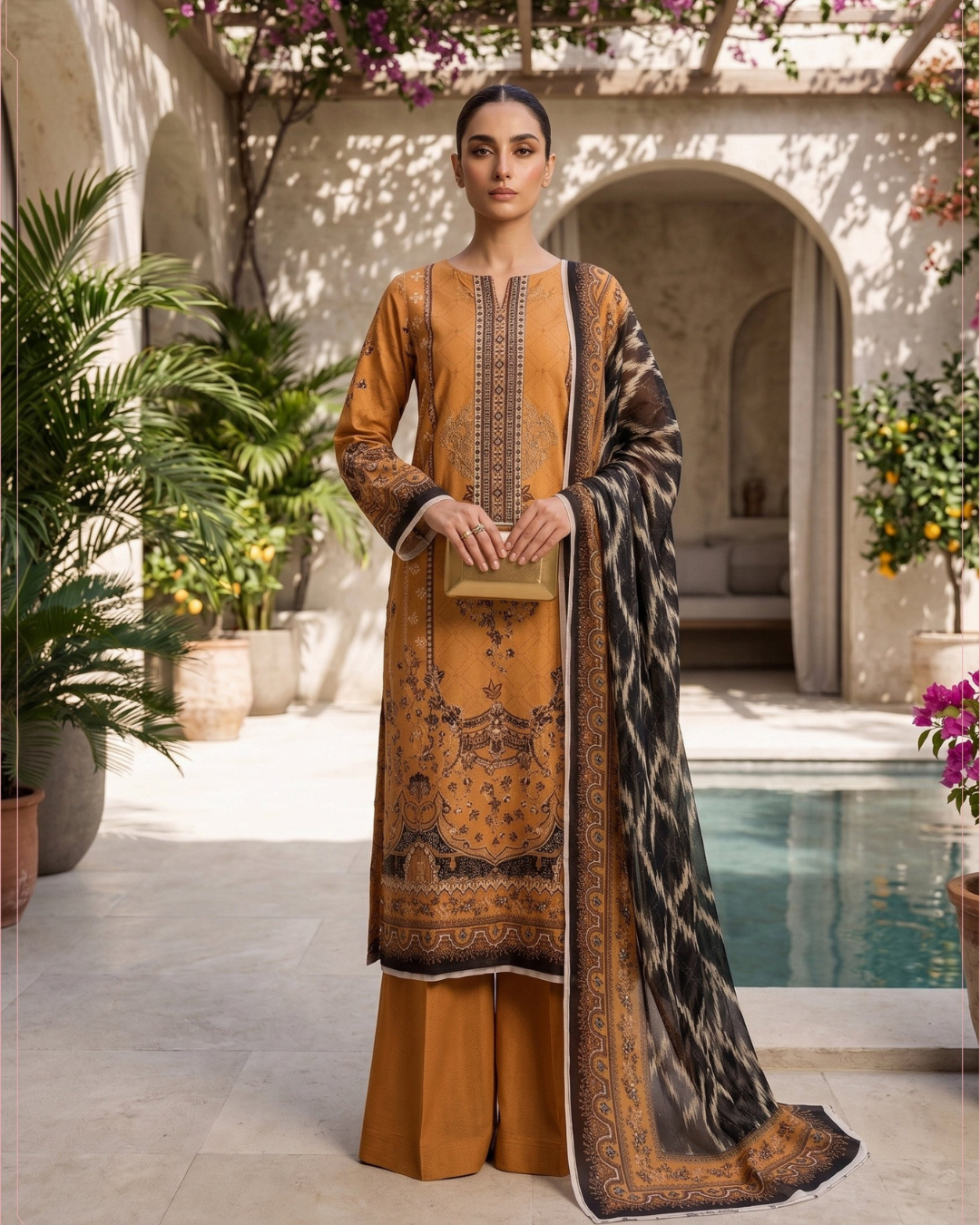 3 Pieces - Sohni Dharti Unstitched Orange Premium Print Lawn Suit