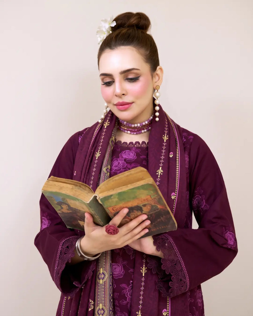 3 Piece - Gold Unstitched Purple Embroidered Karandi Suit