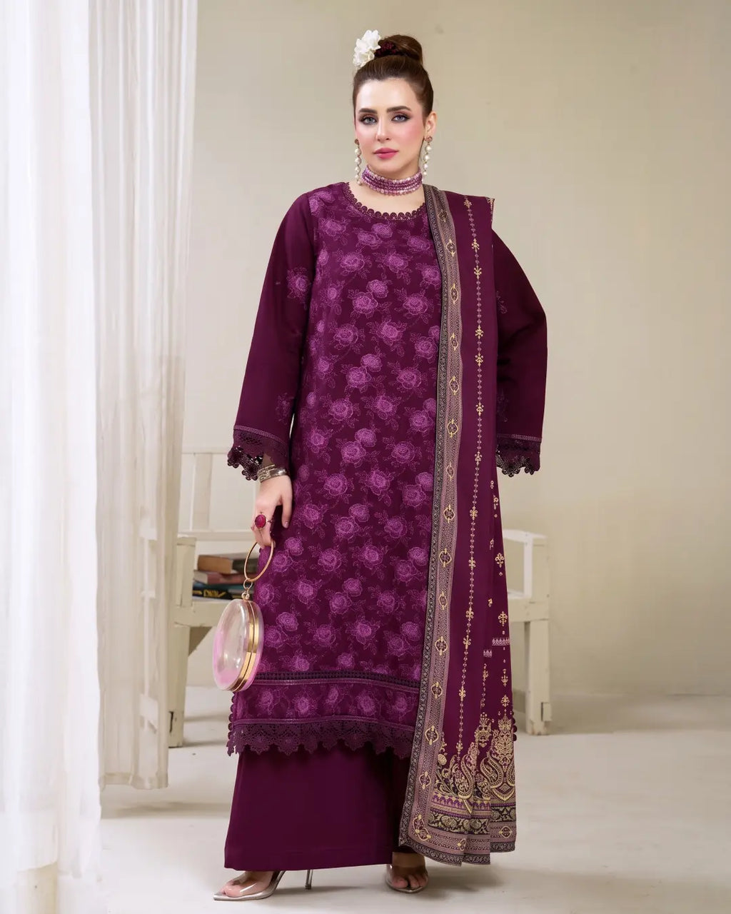 3 Piece - Gold Unstitched Purple Embroidered Karandi Suit