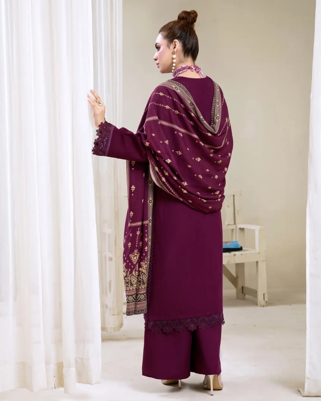 3 Piece - Gold Unstitched Purple Embroidered Karandi Suit