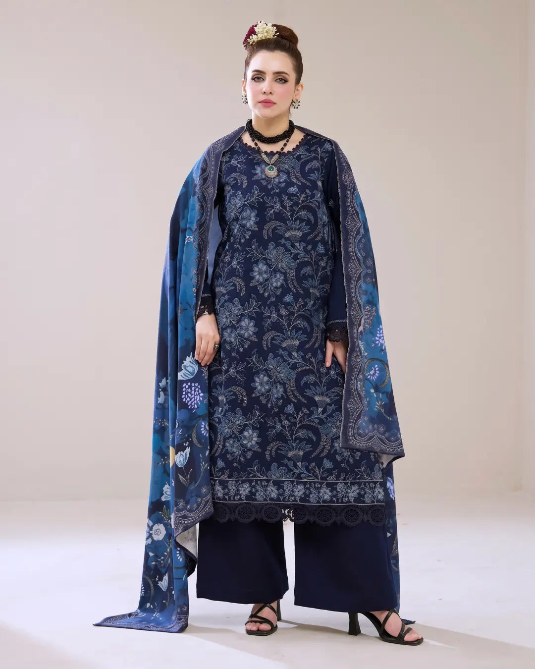 3 Piece - Gold Unstitched Nawy Blue Embroidered Karandi Suit