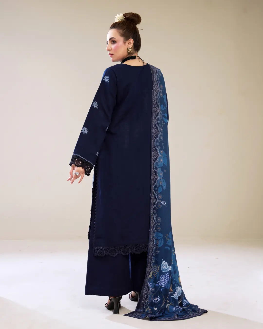3 Piece - Gold Unstitched Nawy Blue Embroidered Karandi Suit