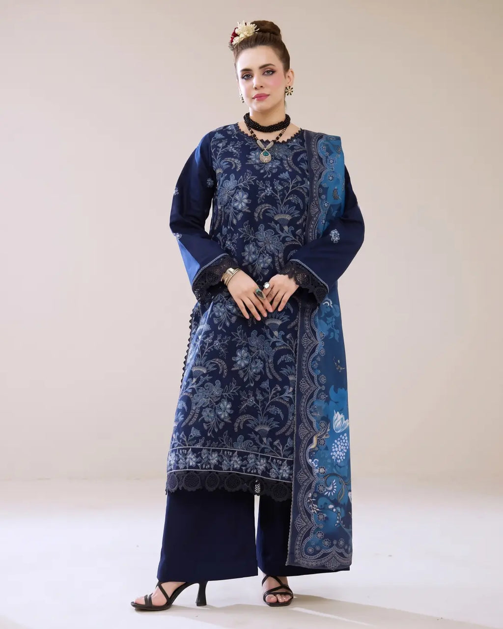 3 Piece - Gold Unstitched Nawy Blue Embroidered Karandi Suit