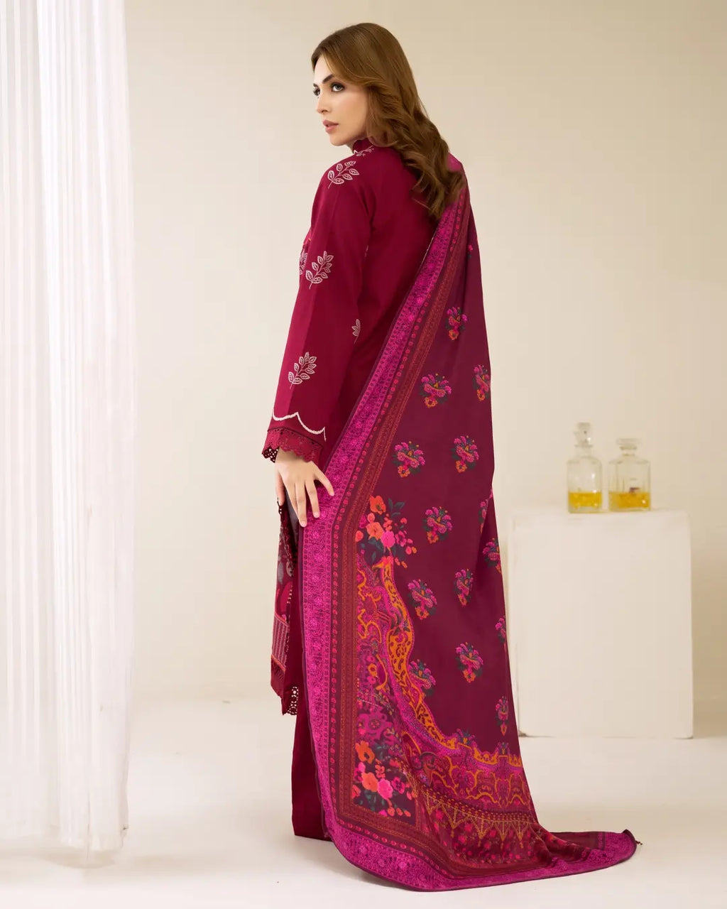 3 Piece - Gold Unstitched Maroon Embroidered Karandi Suit