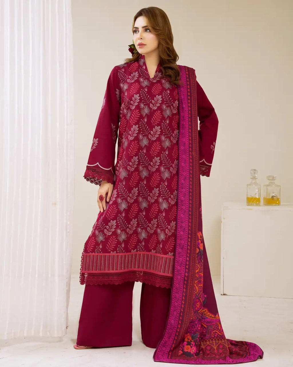 3 Piece - Gold Unstitched Maroon Embroidered Karandi Suit