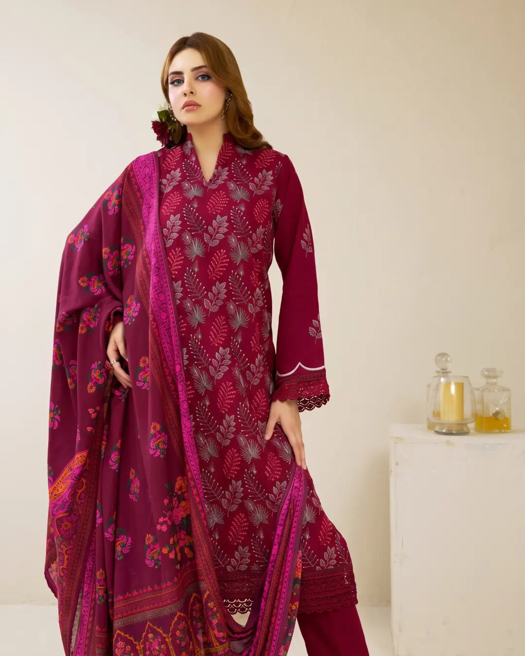 3 Piece - Gold Unstitched Maroon Embroidered Karandi Suit