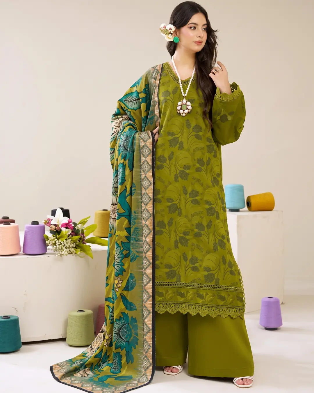 3 Piece - Gold Unstitched Mehndi Embroidered Karandi Suit