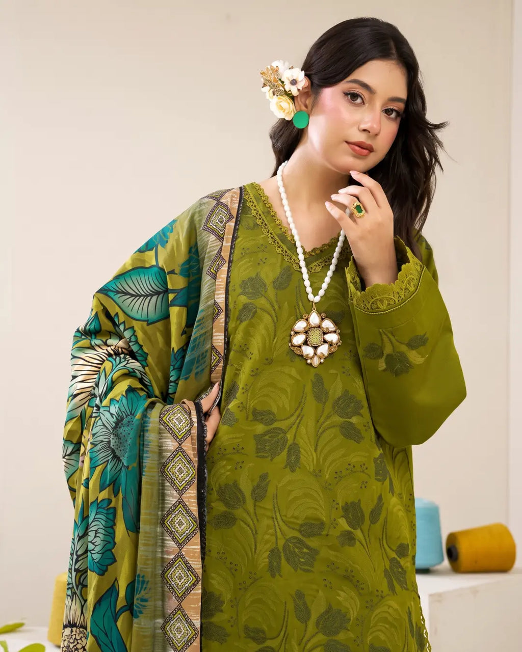 3 Piece - Gold Unstitched Mehndi Embroidered Karandi Suit