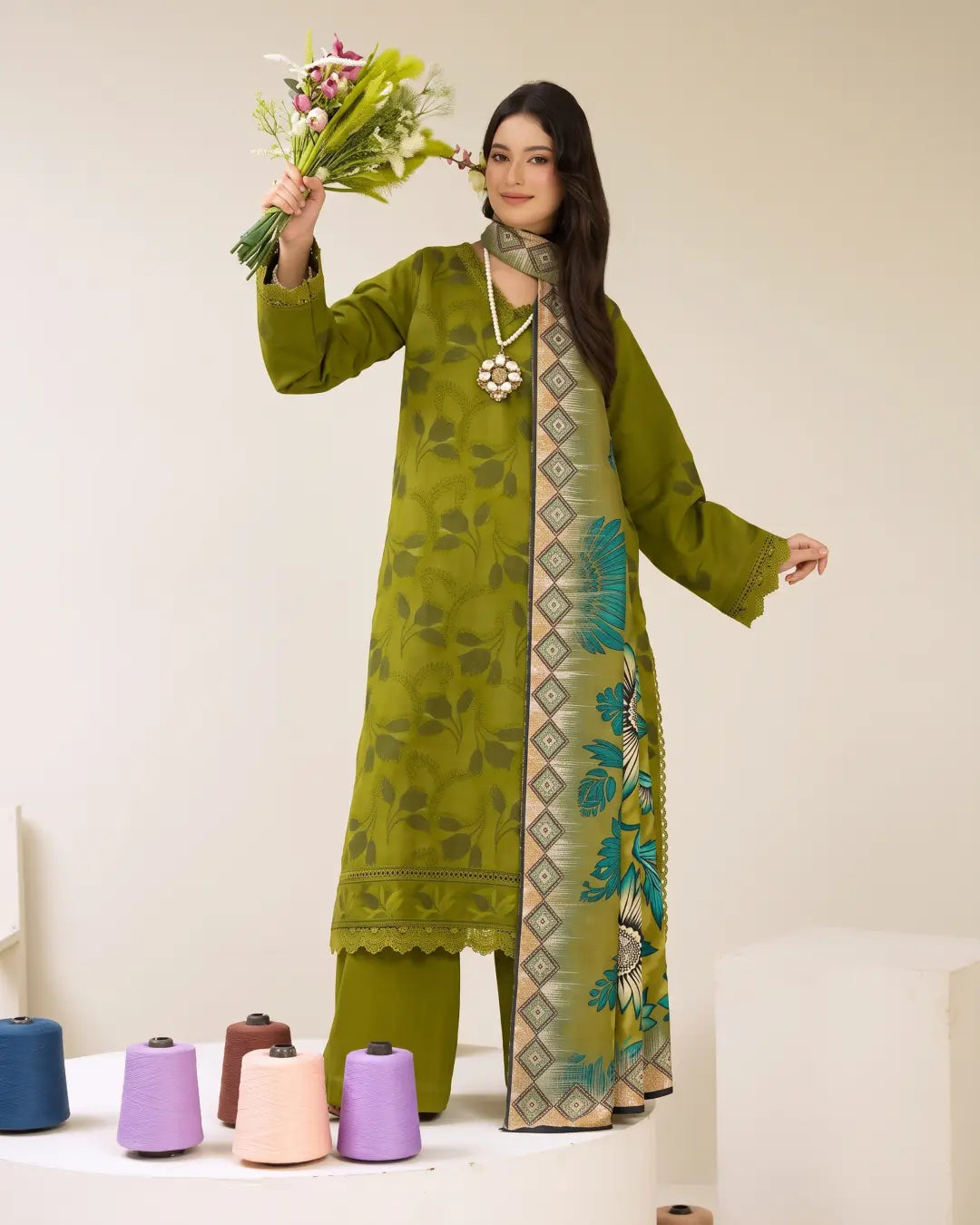 3 Piece - Gold Unstitched Mehndi Embroidered Karandi Suit